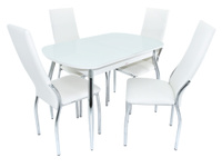 Обеденная группа для столовой и гостиной Ривьера + 4 стула Асти Аврора вайт, экокожа / Белый, ЛДСП / Белый, стекло
