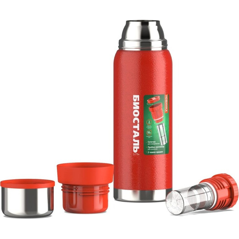 Термос Biostal Охота 0.75 литра, 2 чашки, с ситечком, красный NBR-750Z-R