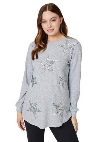 Izabel London Светло-серый пуловер с принтом звезд и пайеток