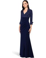 Платье XSCAPE The Beautiful Jacquard Top With Long Sleeves Creates A Flattering Yet Elegant Look, темно-синий