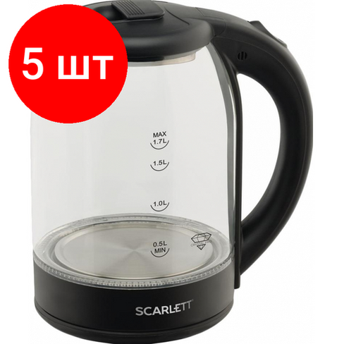 Комплект 5 штук, Чайник электрический SCARLETT SC-EK27G90, стекло, 1800Вт, 1.7л, черный Scarlett