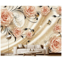 Фотообои на стену флизелиновые 3D Модный Дом "Цветущие розы на атласном фоне" 350x270 см (ШxВ)