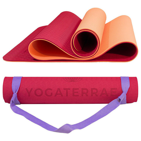 Нескользящий коврик для йоги из ТПЭ с ремнем для переноски/растяжки - розовый гламурный коралл Yogaterrae, цвет rosa