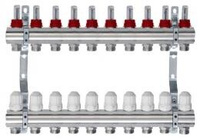 ЛАТУНЬ.КОЛЛЕКТОР ДЛЯ ТЕПЛЫХ ПОЛОВ С РАСХОДОМЕРАМИ TIM 1" - 3/4" ЕВРОКОНУС - 10 ВЫХОДОВ