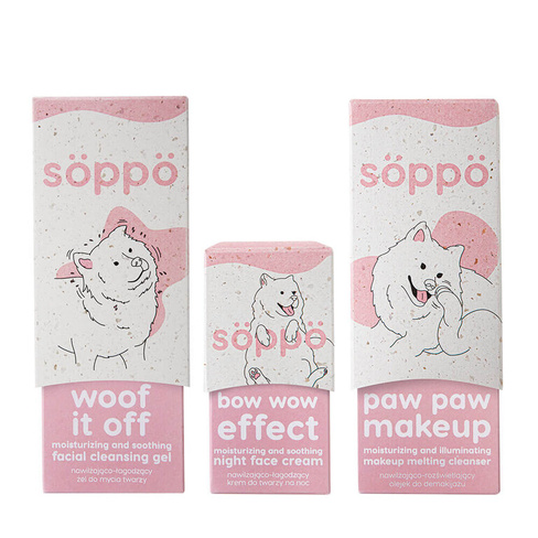 Söppö Woof Fluff набор: крем для лица, 50 мл + гель для умывания, 100 мл + масло для снятия макияжа, 100 мл + булавка, 1
