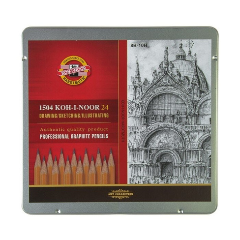 Набор карандашей чернографитных разной твердости 24 штуки Koh-i-Noor 1504 ART, 8В-10Н, в металлическом пенале