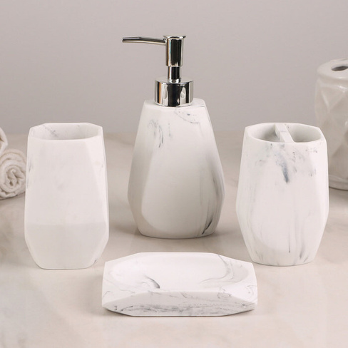 Набор аксессуаров для ванной комнаты 'Мрамор', 4 предмета (дозатор 190 мл, мыльница, 2 стакана 290 мл), цвет белый