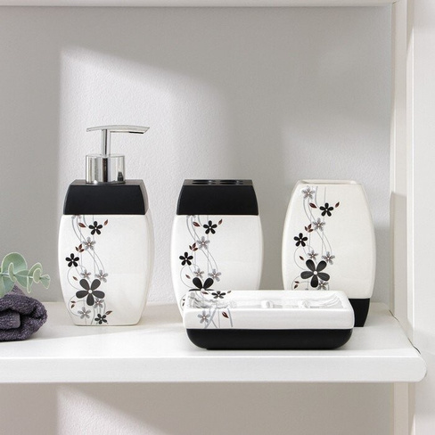 Набор аксессуаров для ванной комнаты 'Грация', 4 предмета (дозатор 400 мл, мыльница, 2 стакана), цвет бело-чёрный