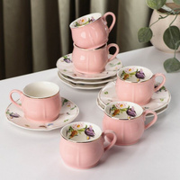 Сервиз керамический кофейный 'Сирена', 12 предметов 6 чашек 100 мл, 6 блюдец 12 см, цвет розовый