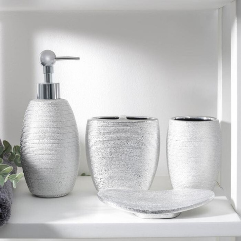 Набор аксессуаров для ванной комнаты 'Камилла', 4 предмета (мыльница, дозатор для мыла 480 мл, 2 стакана), цвет серебро