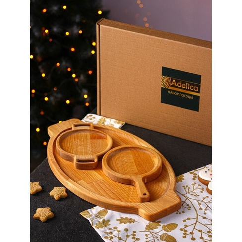 Подарочный набор деревянной посуды Adelica 'Кухни мира', доски для подачи 3 шт 43x25 см, 21x14 см, 18x14 см, берёза
