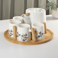 Набор керамический чайный 'Сакура', 6 предметов 4 кружки 250 мл, чайник 1 л, поднос d29 см, цвет белый